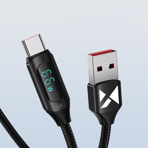 Kabel przewód USB-A - USB-C z wyświetlaczem LED 66W 6A 1m czarny WOZINSKY