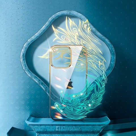 Luksusowe etui iPhone 14 z kryształami Phoenix Series złoto-niebieskie KINGXBAR