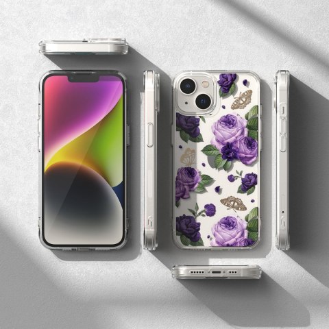 Pancerne etui pokrowiec z żelową ramką iPhone 14 Plus Fusion Design Purple Rose przezroczysty Ringke