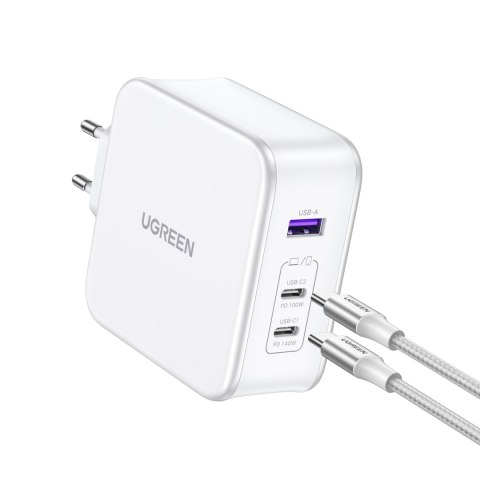 Ładowarka sieciowa GaN Nexode USB-A 2x USB-C 140W + kabel USB-C 1.5m biała UGREEN