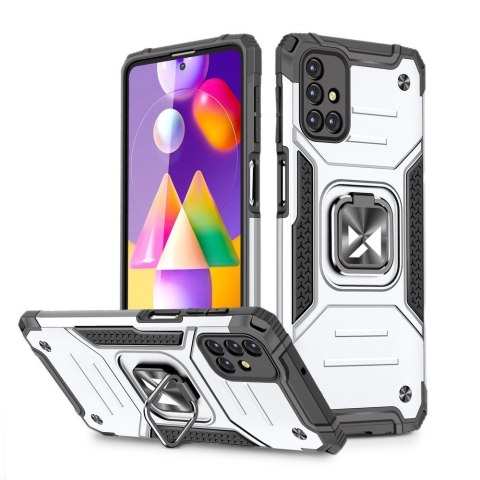 Pancerne hybrydowe etui pokrowiec Samsung Galaxy M31s + magnetyczny uchwyt Ring Armor srebrny WOZINSKY