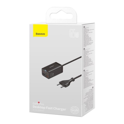 Szybka ładowarka sieciowa GaN3 Pro 2x USB-C / 2x USB 65W PD QC + kabel USB-C 1m czarny BASEUS