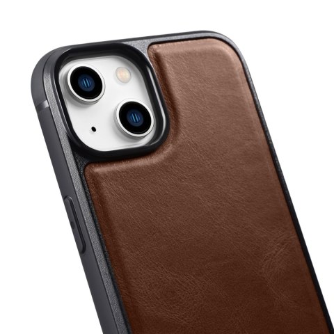 Etui pokryte naturalną skórą do iPhone 14 Leather Oil Wax ciemny brąz ICARER