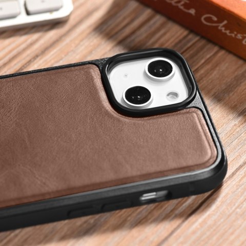 Etui pokryte naturalną skórą do iPhone 14 Plus Leather Oil Wax ciemny brąz ICARER