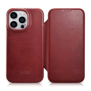 Skórzane etui iPhone 14 Pro z klapką magnetyczne MagSafe CE Oil Wax Premium Leather bordowy ICARER