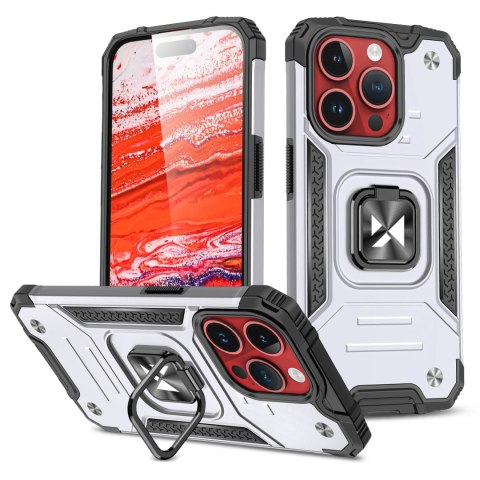 Pancerne etui z uchwytem na palec do iPhone 15 Pro Max Ring Armor srebrne WOZINSKY