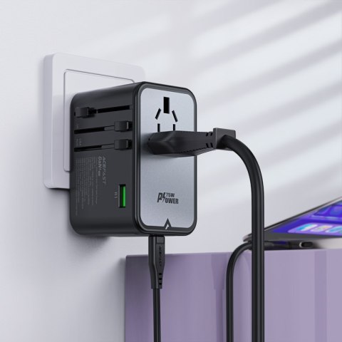 Uniwersalna ładowarka podróżna GaN 2x USB-A 3x USB-C wtyczki UK EU USA AUS czarna ACEFAST