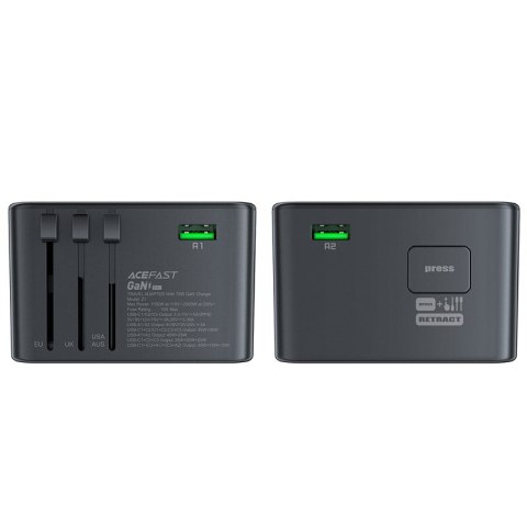 Uniwersalna ładowarka podróżna GaN 2x USB-A 3x USB-C wtyczki UK EU USA AUS czarna ACEFAST