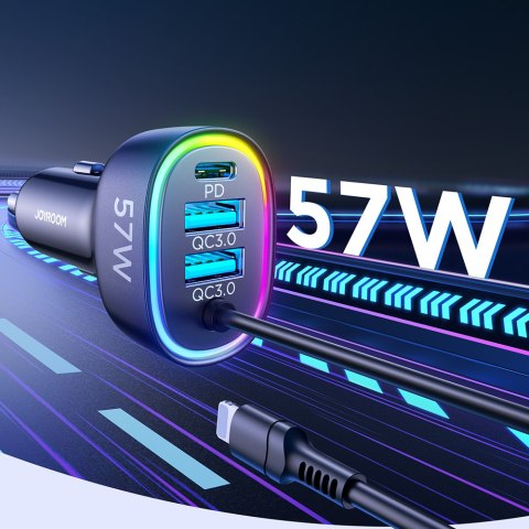 4w1 Szybka ładowarka samochodowa USB-C PD 2x USB QC3 z kablem Lightning 1.6m 57W czarny JOYROOM