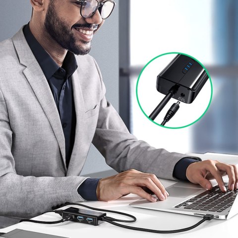 HUB Adapter sieciowy USB-A - RJ45 1000 Mbps / 3x USB 3.0 czarny UGREEN