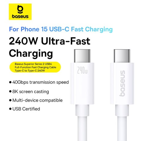 Kabel przewód USB-C - USB-C 240W PD 8K 60Hz 40Gb/s 1m biały BASEUS