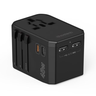 Uniwersalna ładowarka podróżna 2x USB-C 2x USB-A PD 45W wtyczki USA EU UK AU czarna CHOETECH