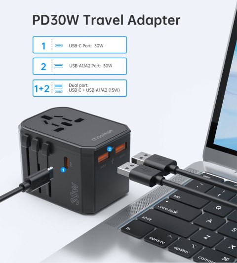 Uniwersalna ładowarka podróżna USB-C 2x USB-A PD 30W wtyczki USA EU UK AU czarna CHOETECH