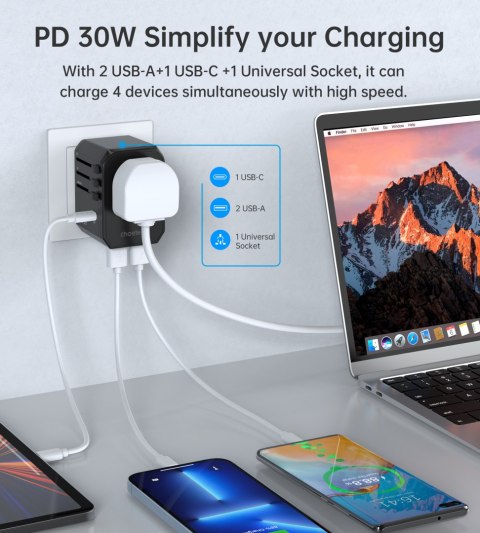 Uniwersalna ładowarka podróżna USB-C 2x USB-A PD 30W wtyczki USA EU UK AU czarna CHOETECH