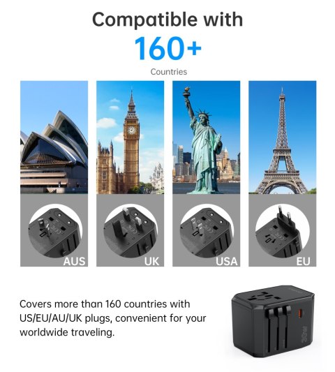 Uniwersalna ładowarka podróżna USB-C 2x USB-A PD 30W wtyczki USA EU UK AU czarna CHOETECH