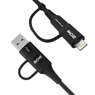 4w1 Uniwersalny kabel przewód 2x USB-C 1x USB-A 1x Lightning 60W 1m czarny WOZINSKY