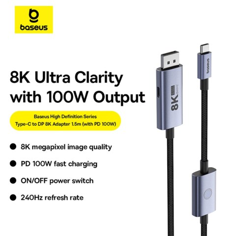 Kabel przewód USB-C - DisplayPort DP 8K PD 100W High Definition Series 1.5m - czarny BASEUS