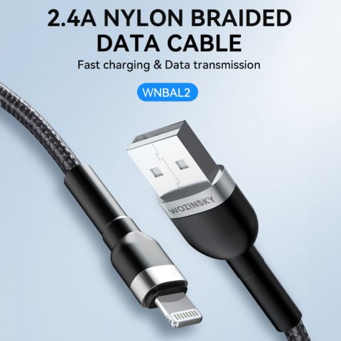 Kabel przewód do iPhone w oplocie USB-A - Lightning 2.4A 2m czarny WOZINSKY