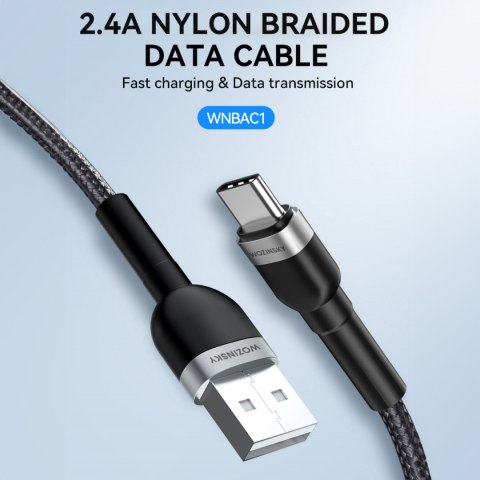 Kabel przewód w oplocie USB-A - USB-C 2.4A 1m czarny WOZINSKY