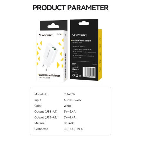 Ładowarka sieciowa 100-240V 30W 2.4A 2x USB-A biała WOZINSKY