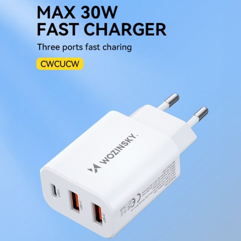 Ładowarka sieciowa 100-240V 30W USB-C 2x USB-A biała WOZINSKY