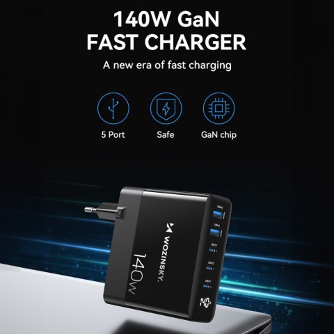 Ładowarka sieciowa 100-240V GaN 140W 3x USB-C / 2x USB-A czarna WOZINSKY