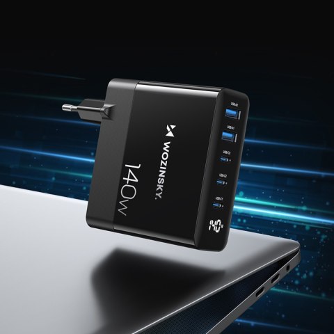 Ładowarka sieciowa 100-240V GaN 140W 3x USB-C / 2x USB-A czarna WOZINSKY