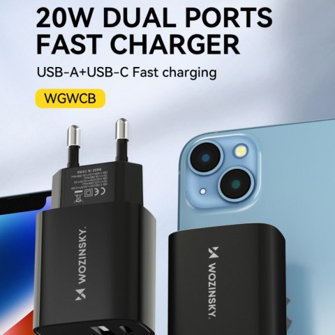 Ładowarka sieciowa 20W USB-A USB-C 100-240V czarna WOZINSKY