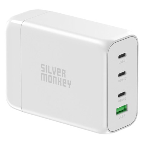 Ładowarka sieciowa GaN 130W z kablem zasilającym 3xUSB-C PD USB-A QC 3.0 biała SILVER MONKEY