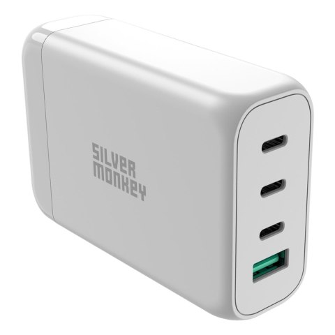 Ładowarka sieciowa GaN 130W z kablem zasilającym 3xUSB-C PD USB-A QC 3.0 biała SILVER MONKEY