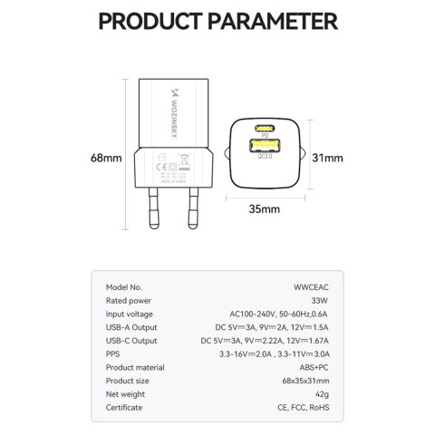 Ładowarka sieciowa GaN QC3.0 USB-A USB-C PD 33W biała WOZINSKY