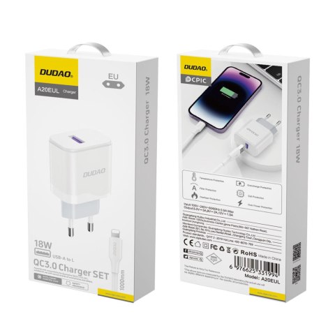 Ładowarka sieciowa USB-A 18W z kablem do iPhone USB-A - Lightning biała DUDAO