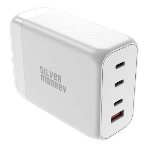 Mocna ładowarka sieciowa GaN 200W z kablem zasilającym 3xUSB-C PD USB-A QC 3.0 biała SILVER MONKEY