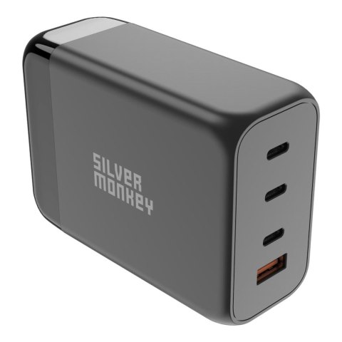 Mocna ładowarka sieciowa GaN 200W z kablem zasilającym 3xUSB-C PD USB-A QC 3.0 czarna SILVER MONKEY