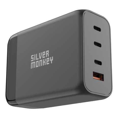 Mocna ładowarka sieciowa GaN 200W z kablem zasilającym 3xUSB-C PD USB-A QC 3.0 czarna SILVER MONKEY