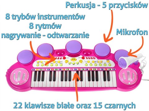 Różowy zestaw muzyczny Keyboard + Werble + Mikrofon dla dzieci 3+ Światła + Dźwięki 3 oktawy