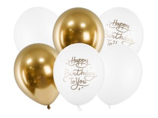 Balony urodzinowe Happy Birthday To You złoty biały 30cm 6szt Partydeco Spółka z Ograniczoną Odpowiedzialnością
