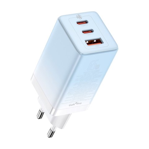 Szybka ładowarka sieciowa GaN 2x USB-C / USB 65W QC PD - niebieski BASEUS