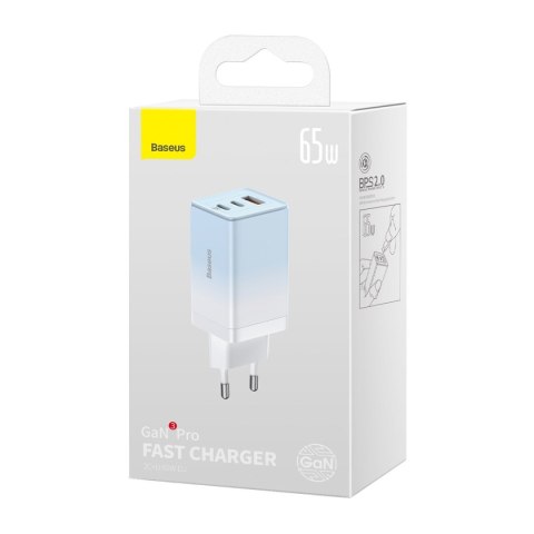 Szybka ładowarka sieciowa GaN 2x USB-C / USB 65W QC PD - niebieski BASEUS