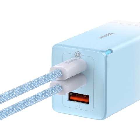 Szybka ładowarka sieciowa GaN 2x USB-C / USB 65W QC PD - niebieski BASEUS