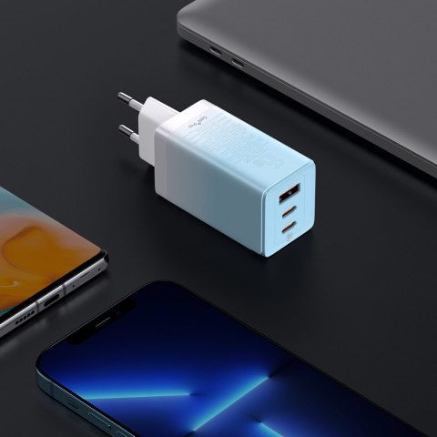 Szybka ładowarka sieciowa GaN 2x USB-C / USB 65W QC PD - niebieski BASEUS