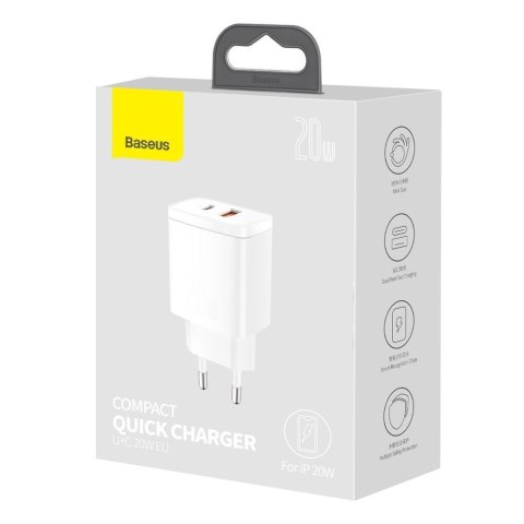 Szybka ładowarka sieciowa Compact USB USB-C 20W 3A PD QC 3.0 biały BASEUS