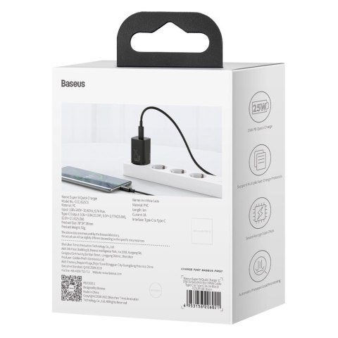 Szybka ładowarka sieciowa Super Si QC PD 25W 3A + kabel USB-C 1m czarny BASEUS