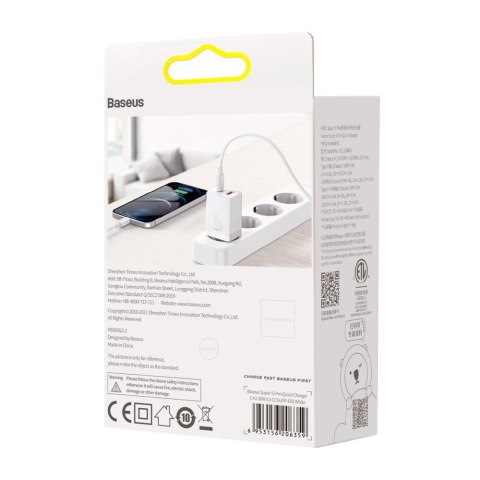 Szybka ładowarka sieciowa USB USB-C 30W PD QC Super Si Pro biały BASEUS