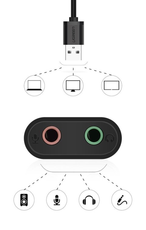 Zewnętrzna karta dźwiękowa muzyczna adapter USB - 3.5mm mini jack kabel 15cm czarny UGREEN