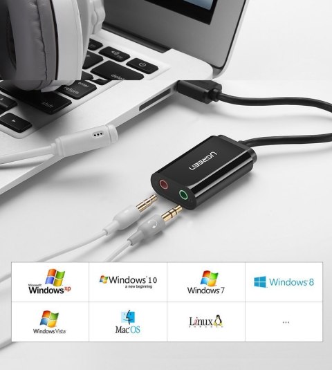 Zewnętrzna karta dźwiękowa muzyczna adapter USB - 3.5mm mini jack kabel 15cm czarny UGREEN