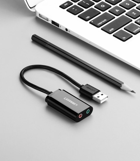 Zewnętrzna karta dźwiękowa muzyczna adapter USB - 3.5mm mini jack kabel 15cm czarny UGREEN