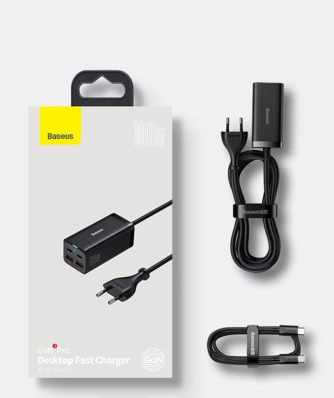 Szybka uniwersalna ładowarka sieciowa GaN 2x USB-C 2x USB 100W QC 4.0+ AFC czarny BASEUS