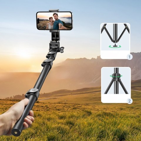 Selfie stick ze stojakiem i pilotem Bluetooth długi kijek do selfie 1.8m czarny UGREEN