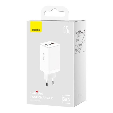 Szybka ładowarka sieciowa GaN 2x USB-C USB 65W + kabel USB-C biała BASEUS